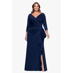 XSCAPE "Amber" Techno Scuba 3/4 Sleeve V-Neck Ruffle Dress Midnight Blue 16W NWT
